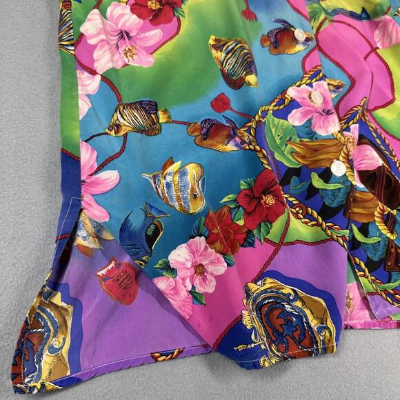 Vintage Bella Camicie Shirt Womens Small Silk Hawaiian Floral Fish Print 90s - Picture 10 of 13